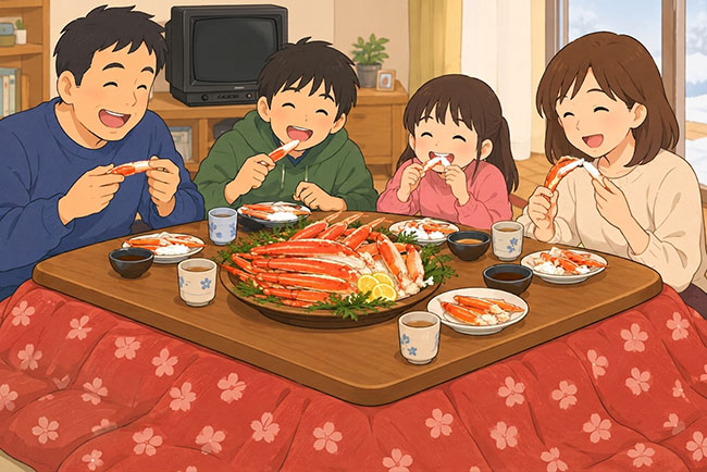 こたつでカニを食べるイメージイラスト